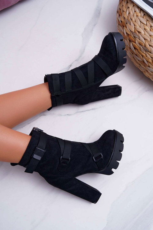 Чоботи жіночі на шпильці утеплені чорні замшеві Guiness