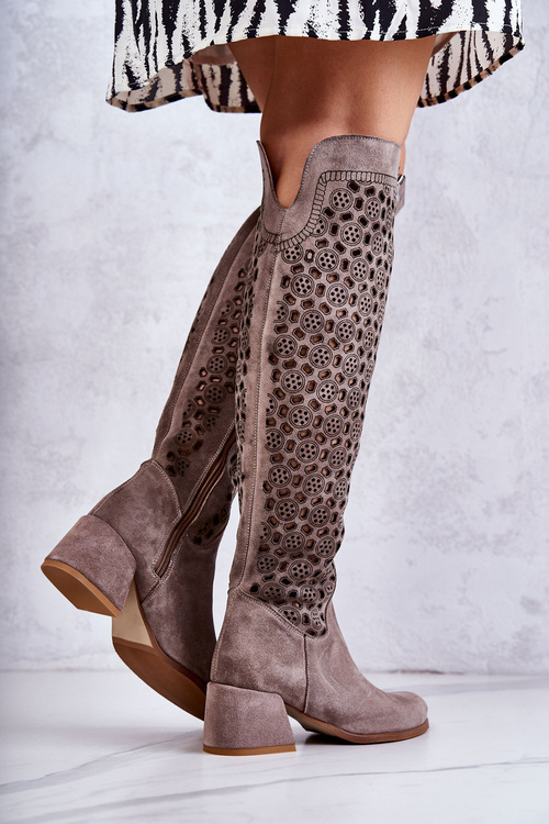 Ажурні замшеві високі чоботи Темно-бежеві Hekilea