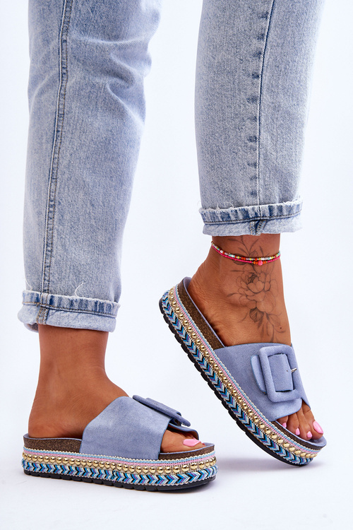 Жіночі босоніжки на декорованій платформі блакитні Джойс