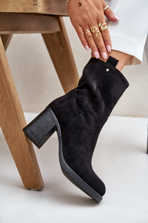 Жіночі утеплені ботильйони на підборах з еко-замші чорні Vellinga