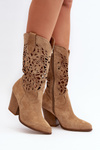 Жіночі бежеві замшеві ажурні чоботи на високих підборах Zazoo 3166/P