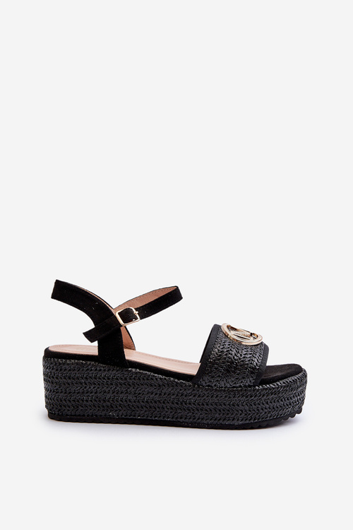 Жіночі босоніжки на танкетці з чорною плетеною есаленою