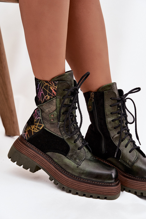 Шкіряні жіночі робочі черевики на платформі Maciejka 07104-09 Темно-зелений