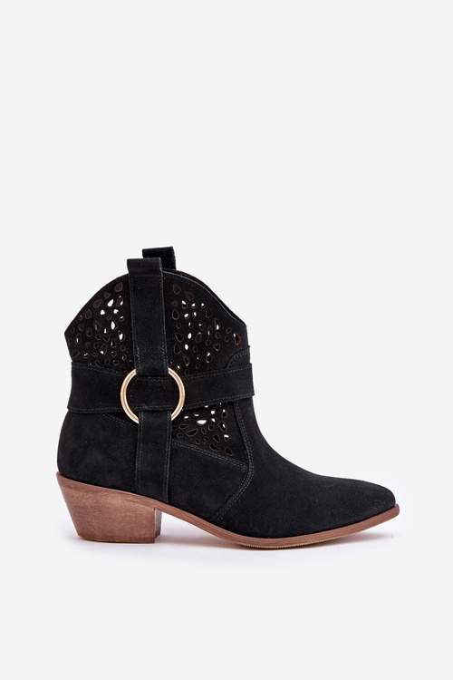Замшеві Чоботи-Ковбої З Перфорацією На Каблуку Чорні Zazoo 2994
