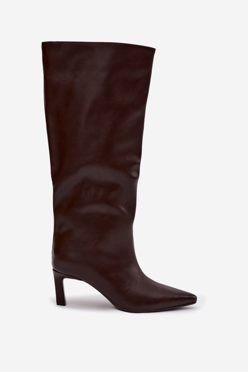 Жіночі чоботи на блискавці на високому підборі з прошивкою шоколадні Olyvia