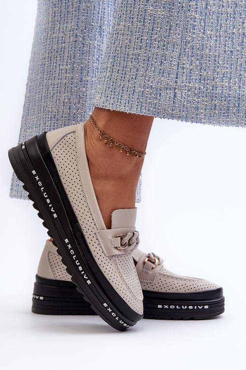 Жіночі шкіряні лофери на платформі з ланцюжком S.Barski LR618 Бежеві