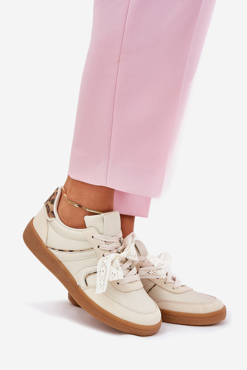 Низькі Жіночі Кросівки З Кружевом Леопардові Бежеві Зієле