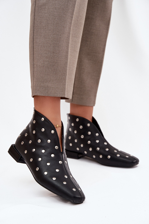 Жіночі ботильйони на ніжному каблуці з срібним оздобленням Чорні Rosalind