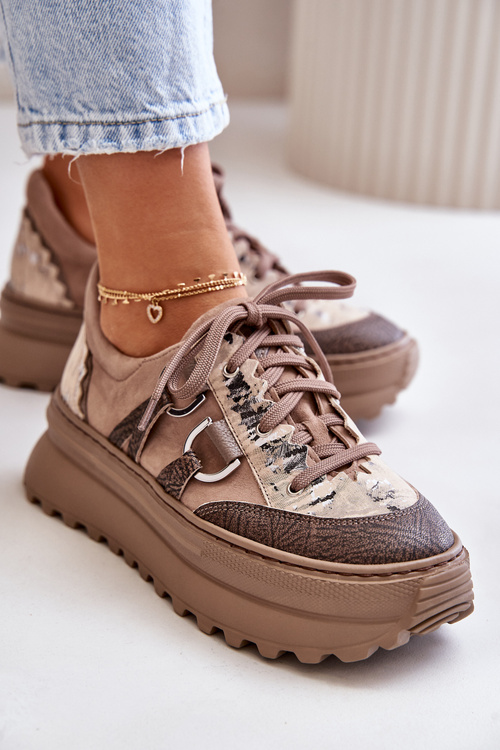 Жіночі шкіряні кросівки на платформі Maciejka 06562-10 Темно-бежеві