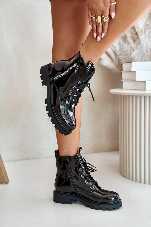 Чоботи робочі лаковані жіночі утеплені з надписами чорна цинфрея