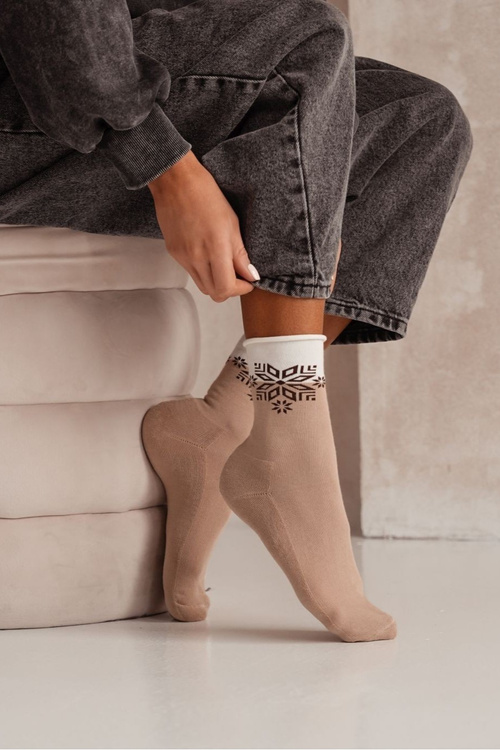 Жіночі Різдвяні Півфлісові Шкарпетки UNIQUE Безтискова Зірка Бежеві