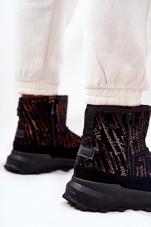 Утеплені снігові чоботи з принтом. Чорна фрезія