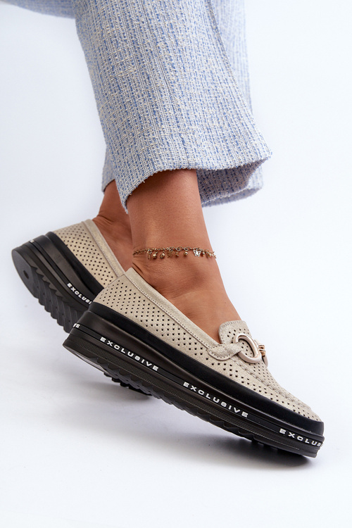 Жіночі шкіряні блискучі мокасини на платформі з декором S.Barski LR750 Gold