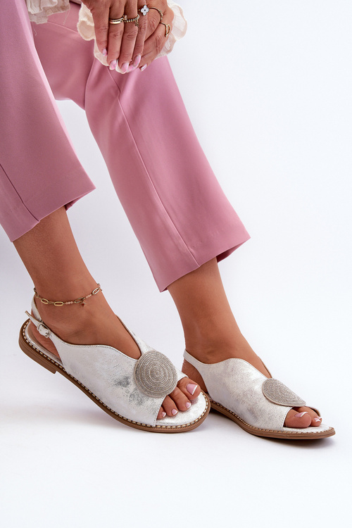 Жіночі босоніжки з декором на плоскій каблуці S.Barski KV24-057 Silver