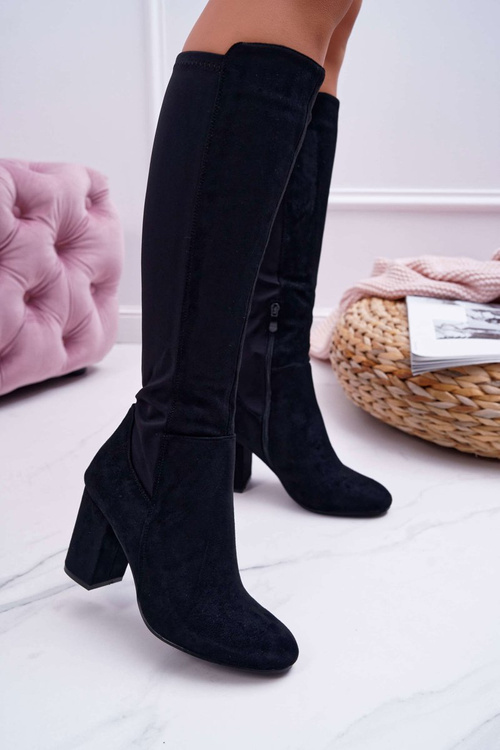 Жіночі чоботи на шпильці замшеві з лайкрою чорні машини