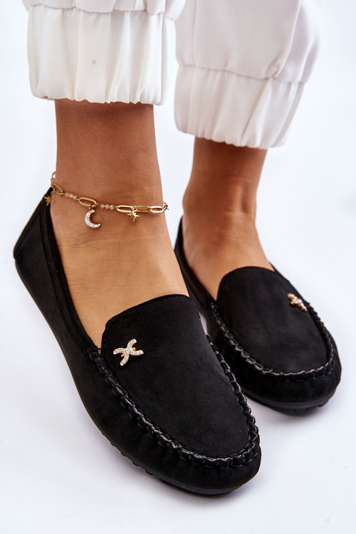 Жіночі замшеві лофери з прикрасами Чорні Leah