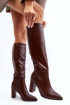 Жіночі чоботи до коліна на масивному каблуці коричневого кольору Fiminna