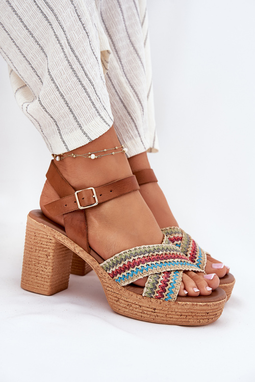 Шкіряні Сандалі На Каблуку З Плетінням На Ремінцях Коричневі Зазу 40460