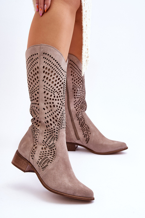 Замшеві ковбойські чоботи до коліна Leewski Shoes 3305 Cappuccino