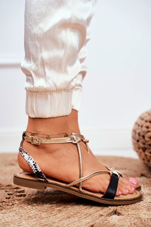 Шкіряні сандалі на плоскій підошві S.Barski LJ281 Black-Gold