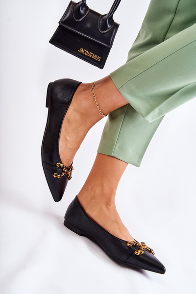 Жіночі шкіряні балетки шпіц з декором Чорний Carlos