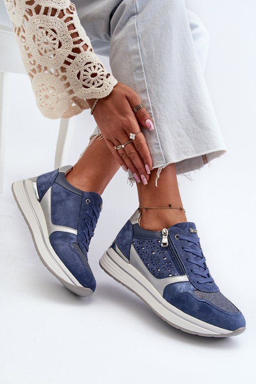 Жіночі кросівки на платформі з мереживним малюнком і парчою INBLU IN000372 Сині