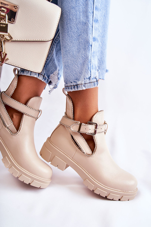 Жіночі шкіряні чоботи на шпильці, бежевий бордюр