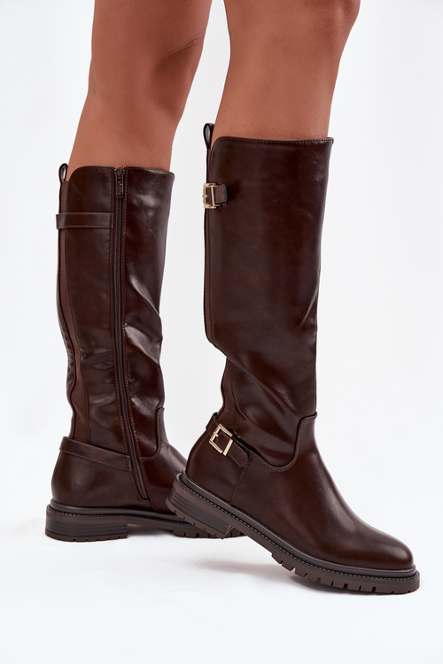 Зимові жіночі чоботи на плоскому каблуці з пряжками шоколадні Sorelle