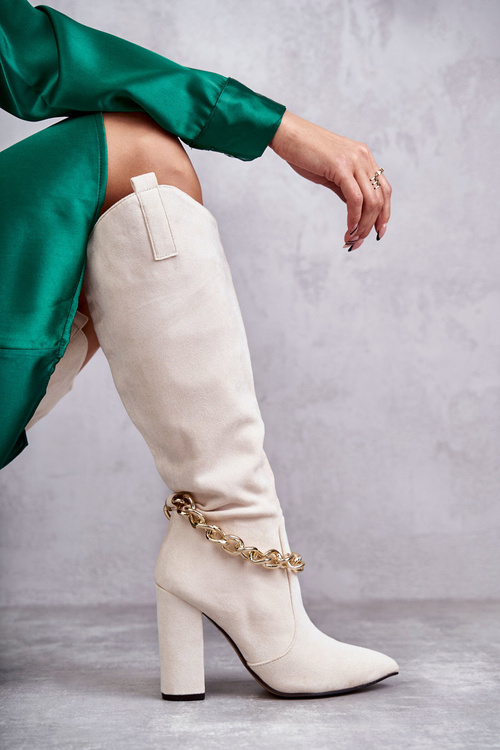 Жіночі замшеві теплі чоботи з ланцюжком світло-бежевий жасмин