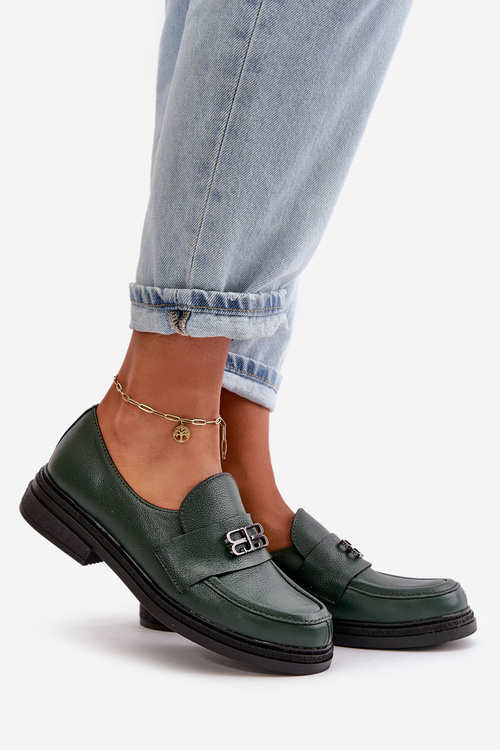 Темно-зелені шкіряні елегантні жіночі лофери Zazoo 20174 на плоскому каблуці