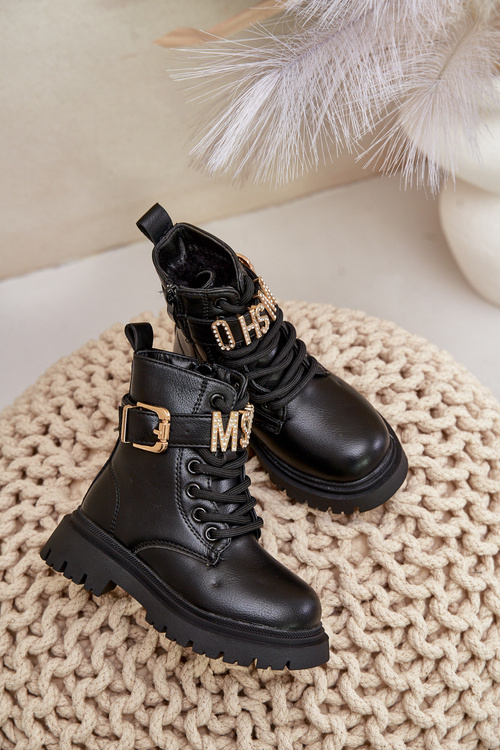 Черевики для дівчинки з екошкіри утеплені декоративним ремінцем Gilian чорного кольору