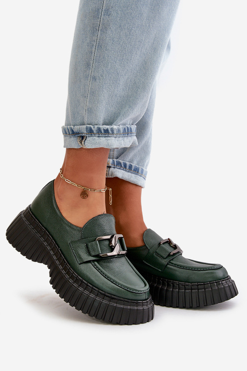 Жіночі лофери Zazoo 20176 з натуральної шкіри темно-зелені