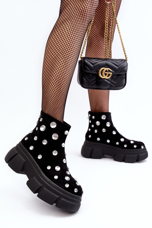 Замшеві утеплені черевики з кристалами D A MR52-205 Чорні Botki Damskie