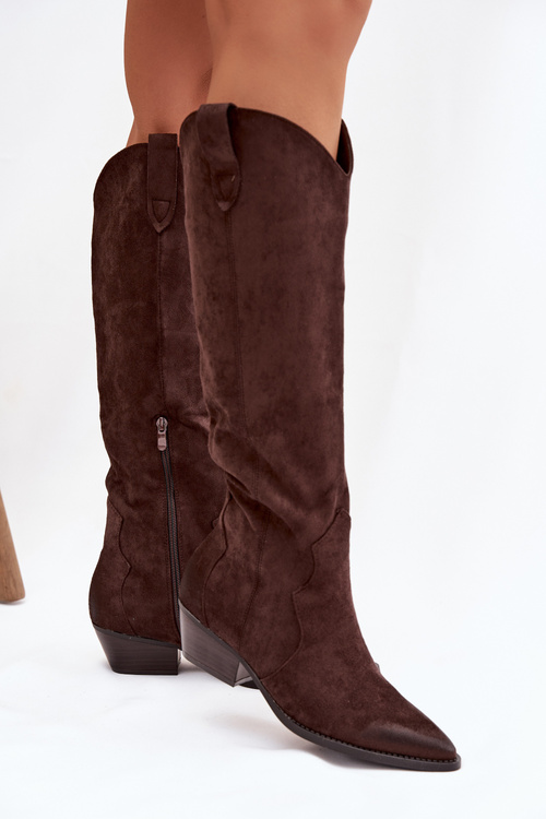 Еко замшеві чоботи ковбойки жіночі на підборах шоколадні Jenaya