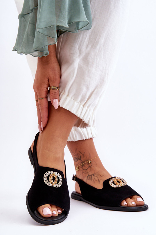 Замшеві босоніжки на плоскій підошві з декором Nicole 2744/002 Чорні