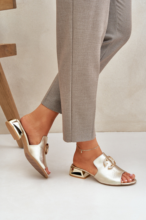 Шкіряні Елегантні Жіночі Сандалі На Низькому Каблуці Лаура Мессі 2874 Золоті