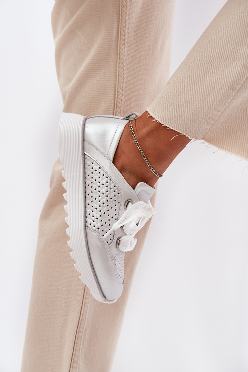 Жіночі Шкіряні Кросівки На Платформі D&A LR51-796 Сріблясті