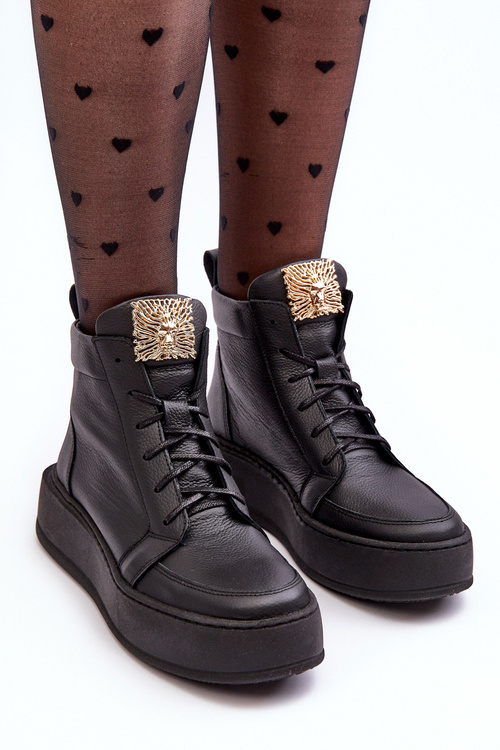 Чоботи жіночі на шнурівці з шкіряним декором Чорні Nicole 2833