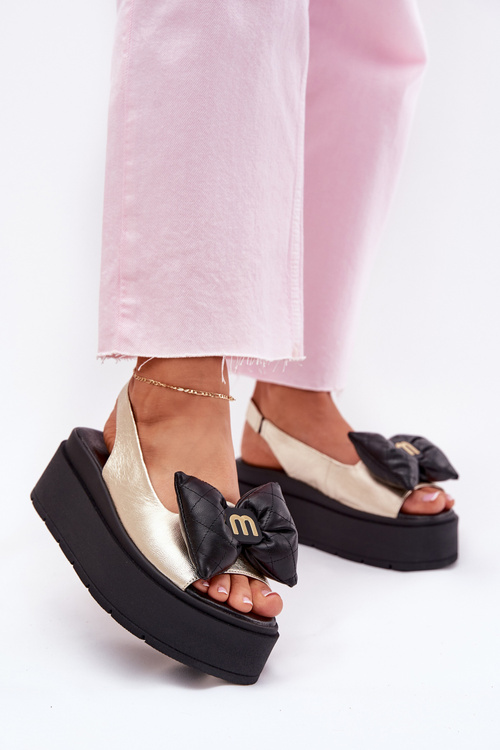 Жіночі шкіряні сандалі на платформі з бантом CheBello 4641 золотисто-чорні