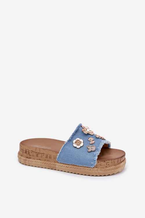 Жіночі сандалі з золотими прикрасами на платформі блакитні Rigasta