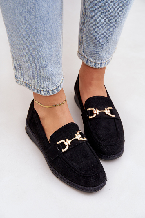 Перфоровані лофери з золотим елементом та джутом чорні Lainer