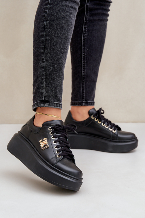 Кросівки З Природної Шкіри На Платформі Золота Декорація Левський 3428 Чорні