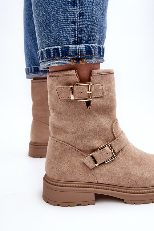 Жіночі чоботи на плоскій каблуці з пряжками, бежевого кольору Bliggore
