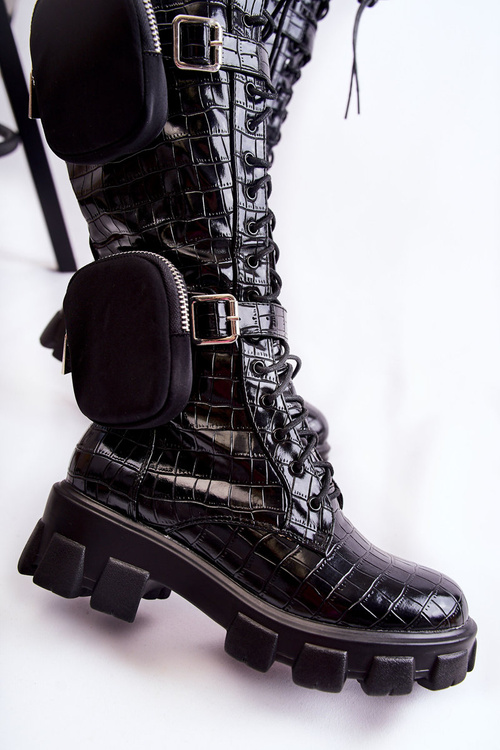 Утеплені високі чоботи з гаманцями та тваринним візерунком Чорні військові