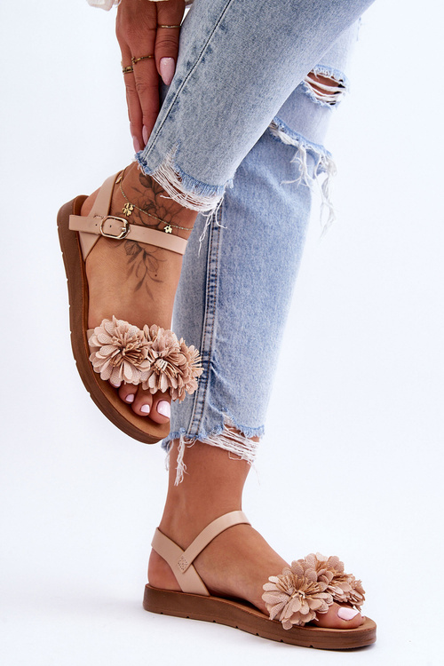 Жіночі босоніжки з текстильними квітами бежеві Fiori