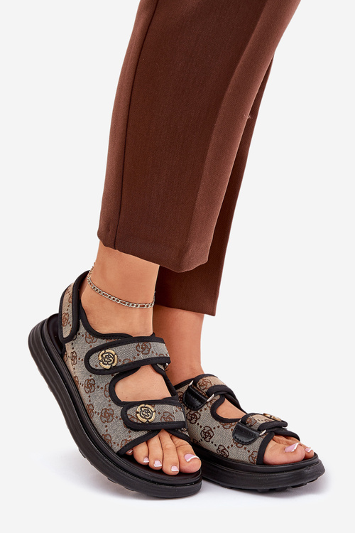 Жіночі Патерні Текстильні Сандалі З Золотими Деталями Бежево-Чорні Pefese