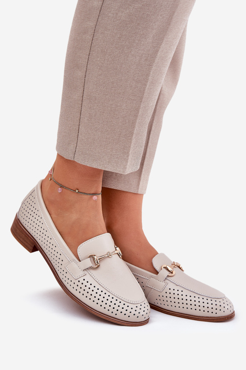 Шкіряні Жіночі Мокасини З Декором На Плоскому Каблуці Бежеві S.Barski LR51-588