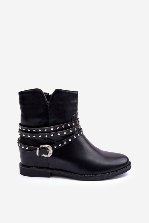 Жіночі шкіряні чоботи з прикрасами на плоскому каблуці Чорні Adkrana