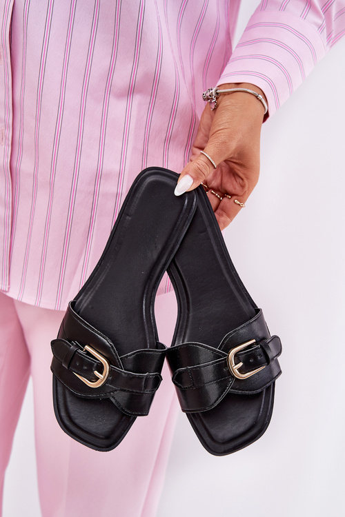 Плоскі Жіночі Сандалі З Золотою Пряжкою Чорні Esiobb