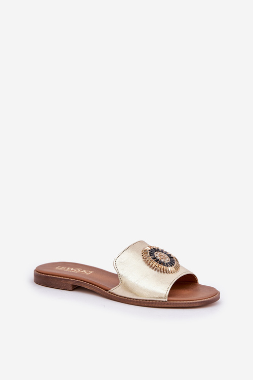 Шкіряні сандалі з прикрасою на плоскому каблуці Zazoo 3047/O золоті